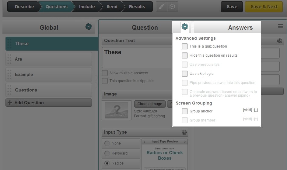 Questions Page Advanced Settings Highlighted